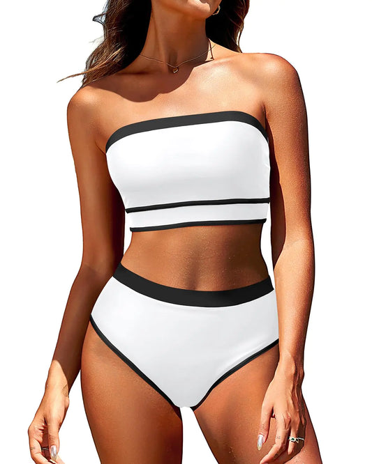 Yonique Bandeau Bikini Womens High Waisted Swimsuit Two Piece Strapless Bathing Suits White M
