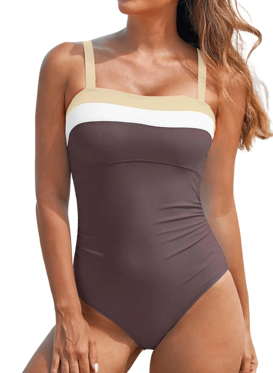 Aleumdr One Piece Swimsuit Women Bathing Suits Athletic Color Block Tummy Control Womens Swimsuits 2024 Modest Swimwea Brown Medium