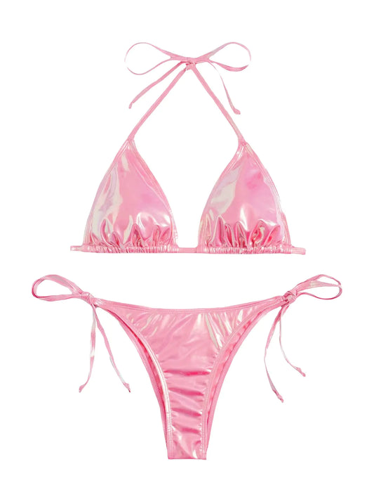 SOLY HUX Womens Metallic Halter Top Two Piece Swimsuit Tie Side Triangle Thong Bikini Bathing Swimwear Solid Pink Metallic L