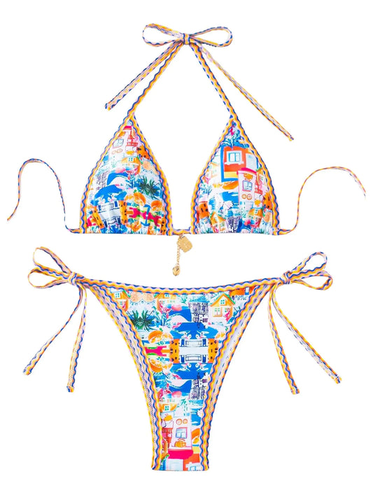 SOLY HUX Womens Bathing Suits Allover Print Halter Triangle Tie Side Bikini Sets Two Piece Swimsuit Multicoloured Printed Medium
